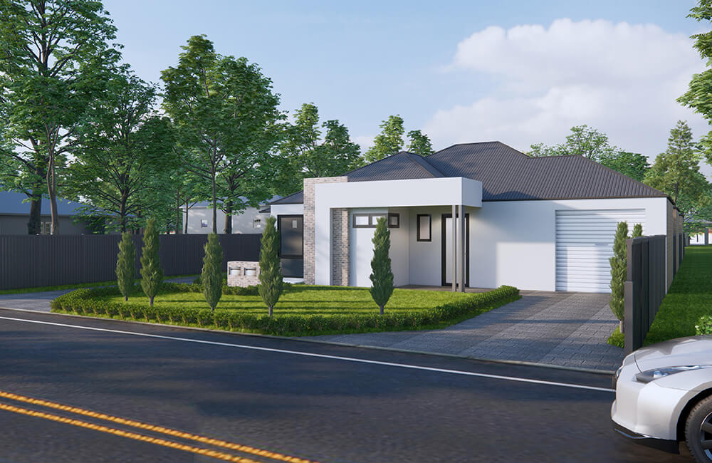 Artist impression of street front NDIS Housing by SDA Management. White villa with brick feature, dark roof and roller garage door.