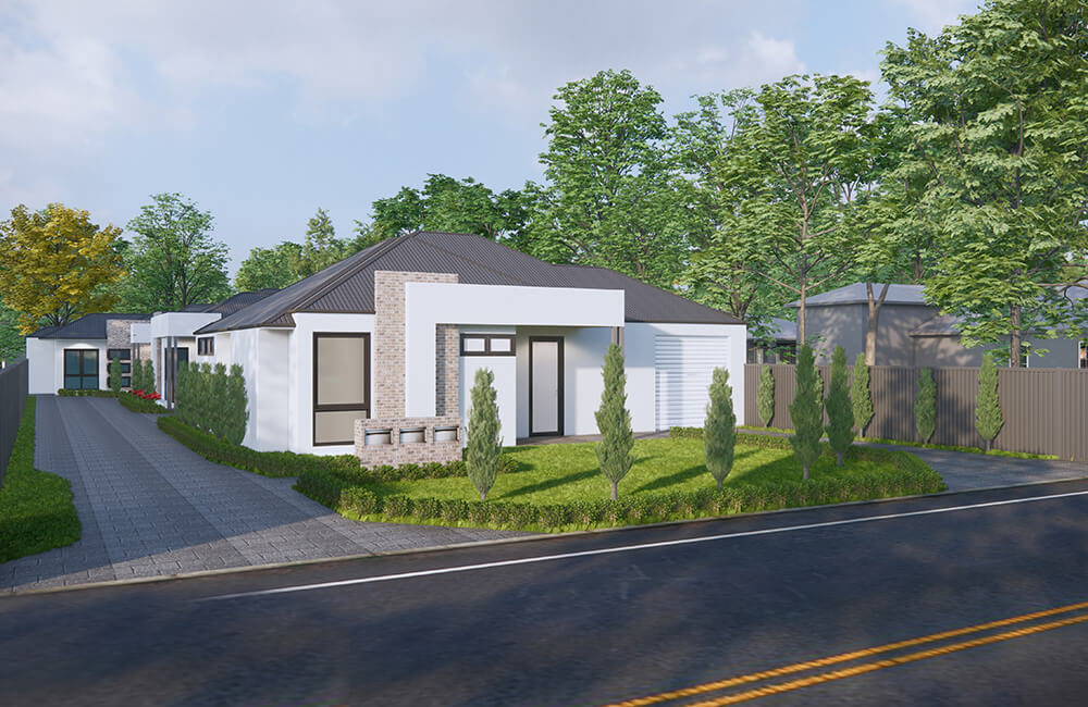 Artist impression of street front NDIS Housing by SDA Management. White villa with brick feature, dark roof and roller garage door.