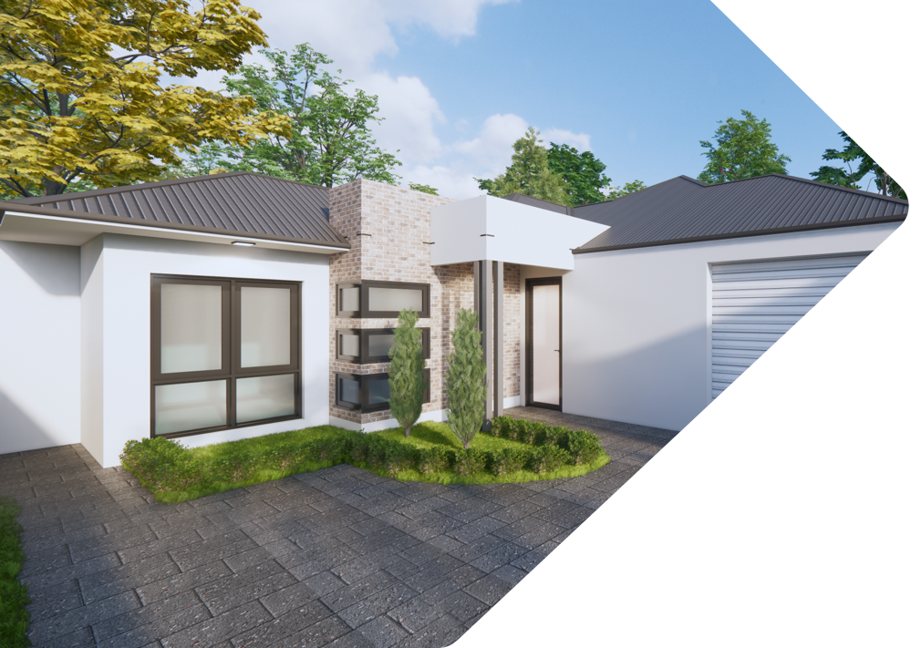 Artist impression and render of NDIS housing villa in white with dark colored roof. 
