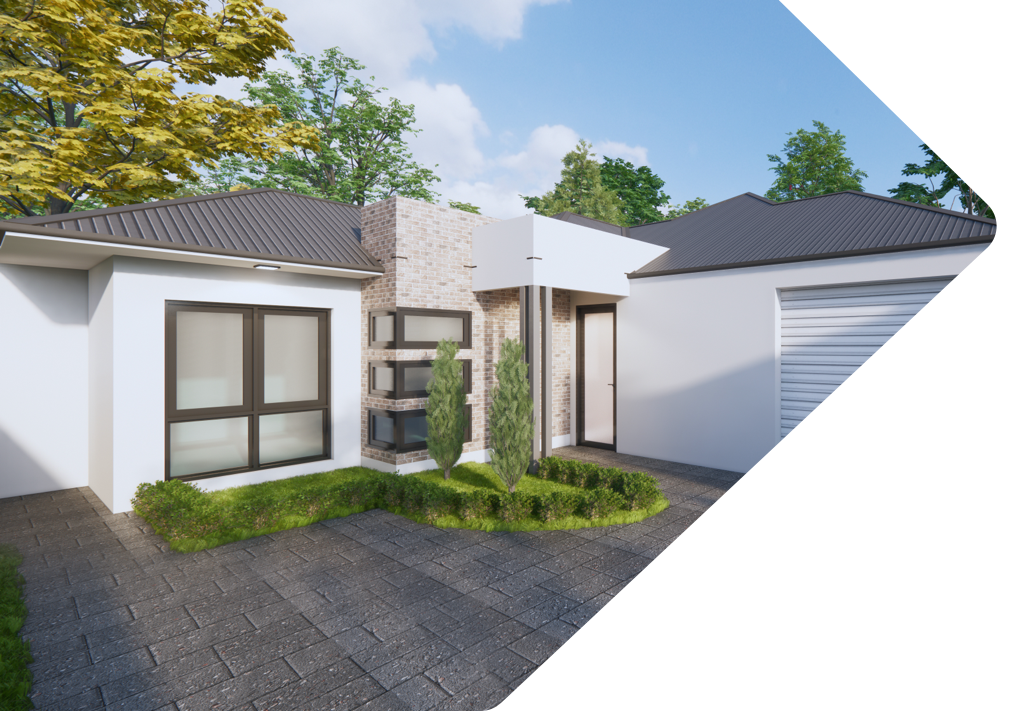 Artist impression and render of NDIS housing villa in white with dark colored roof.